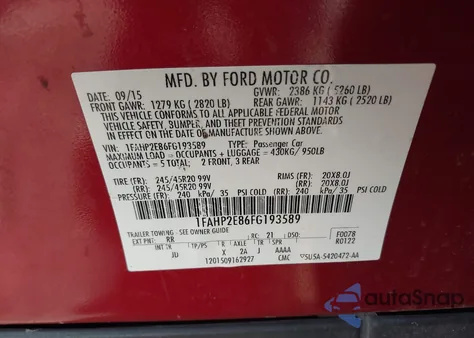2015 Ford Taurus Sel from USA, damaged, VIN 1FAHP2E86FG193589